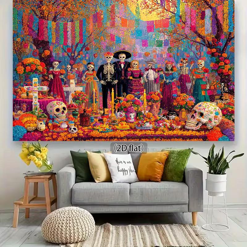 2D Mexican Festival Backdrop, Skeleton Family Party Background Cloth