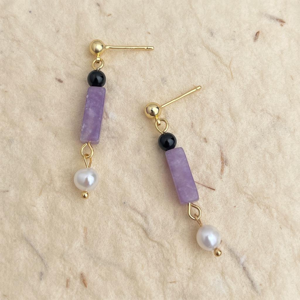 Guochao Handmade Amethyst & Freshwater Pearl Tassel Earrings - Chinese Style