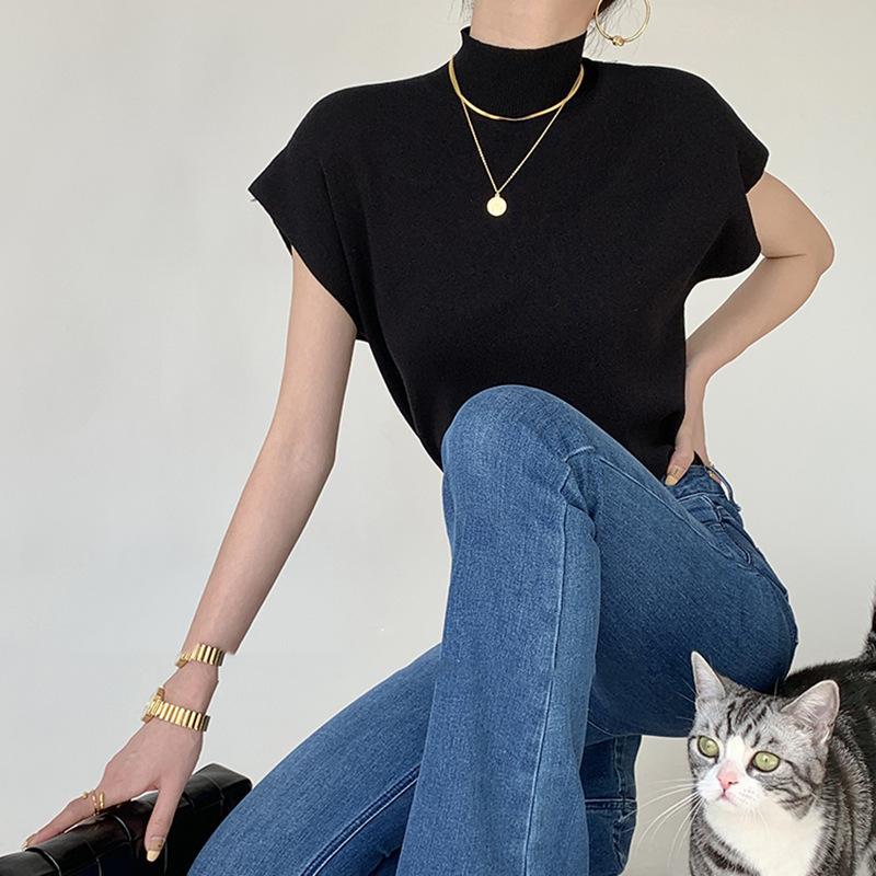 

Жилет с высоким воротом, трикотажный жилет, женская футболка, свободный летний повседневный новый короткий топ с коротким рукавом One size