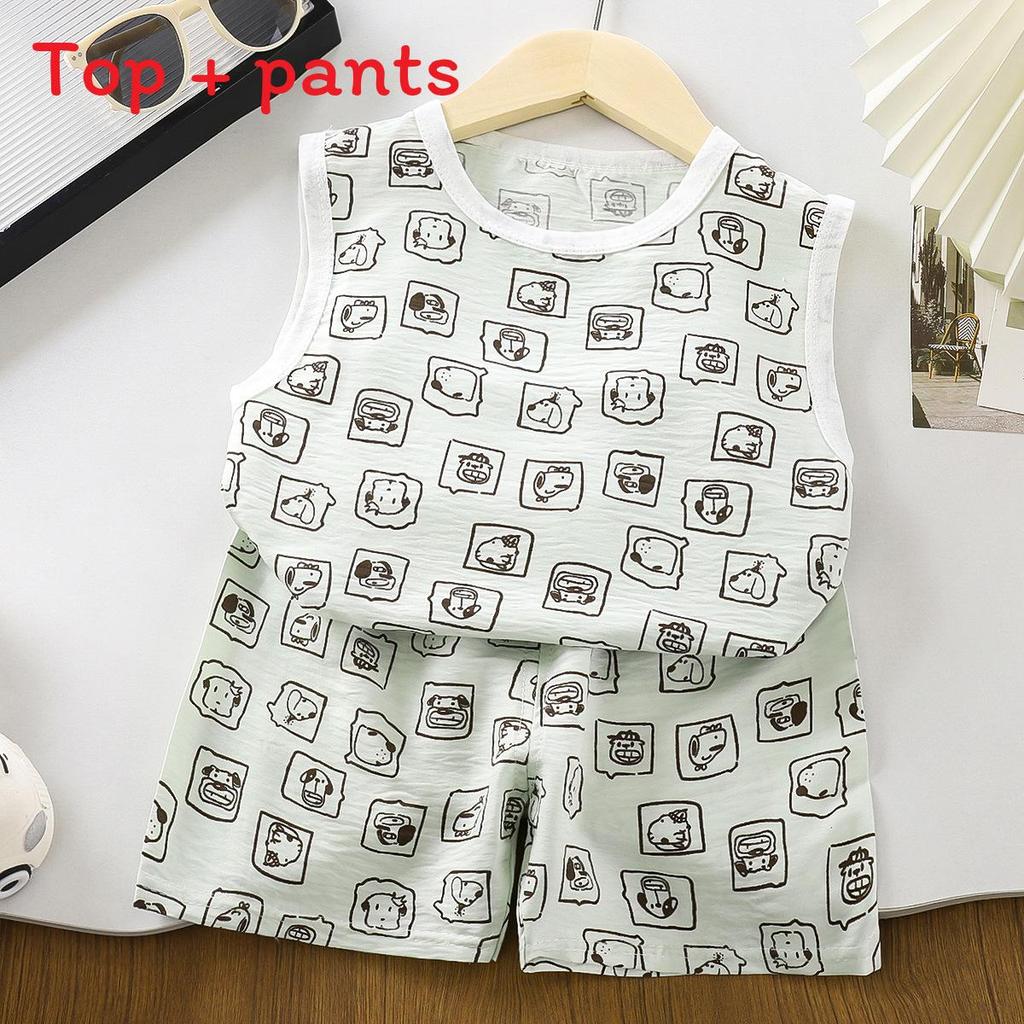 Baby Cartoon Sleeveless Vest And Shorts Summer Set For Toddler Boys And Girls