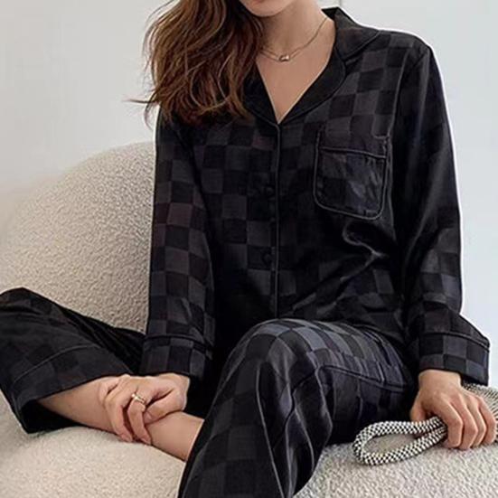 Womens Satin Pajamas Set Button Down Long Sleeve Top And Long Pants Sleepwear Set Oversized Casual Plaid 2 Piece Lounge Set