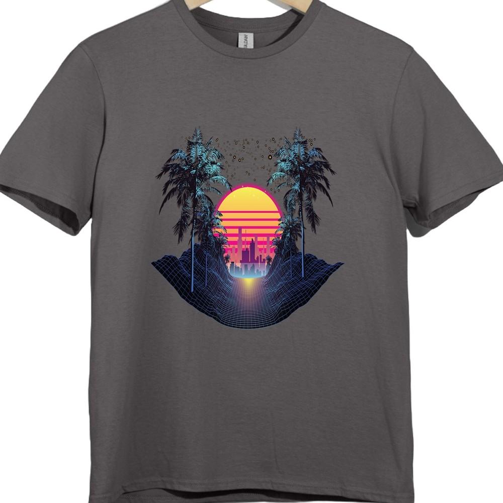 Synthwave T Shirt Retro 80s Neon Sunset City Palm Trees Vaporwave Tee