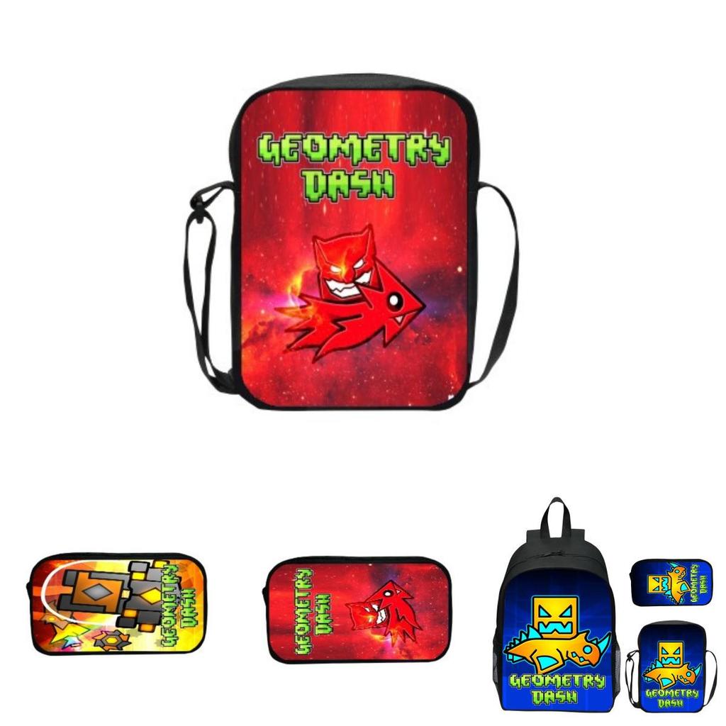 Trendy Geometric Dash School Bag Set Polyester Material Suitable For Boys And Girls