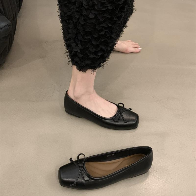 Fashion Women Flats French Square Toe Leather Single Shoes 2025New Casual Flats Elegant Bow Ballet Shoes for Women Loafers Zapatos Mujer