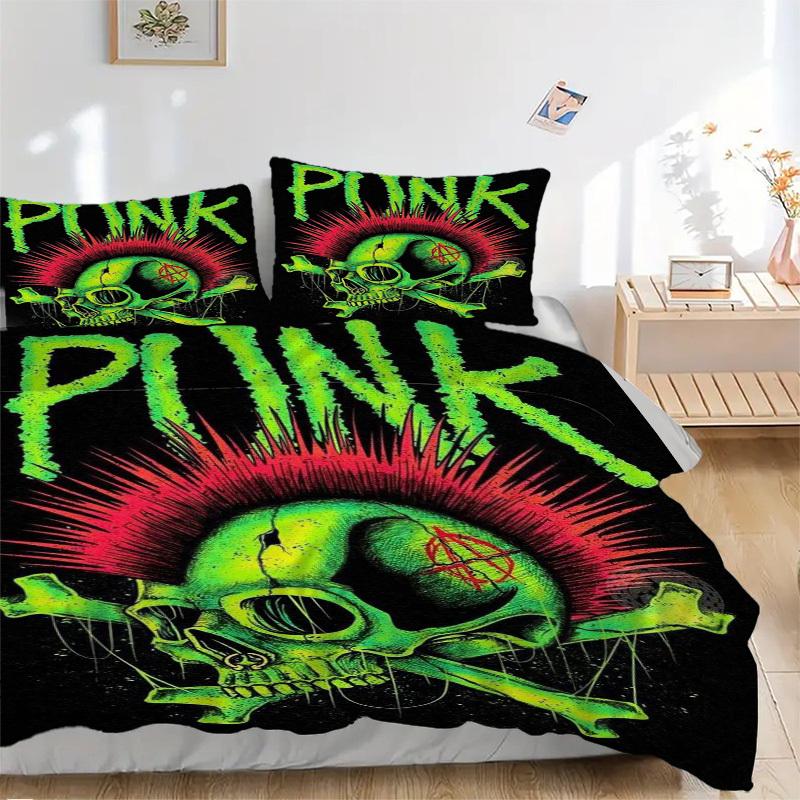 3pcs Punk Skull with Mohawk Bedding Set - Includes One Quilt Cover and Two Pillowcases (No Core) - Punk Rock Decor for Bedroom and Guest Roo