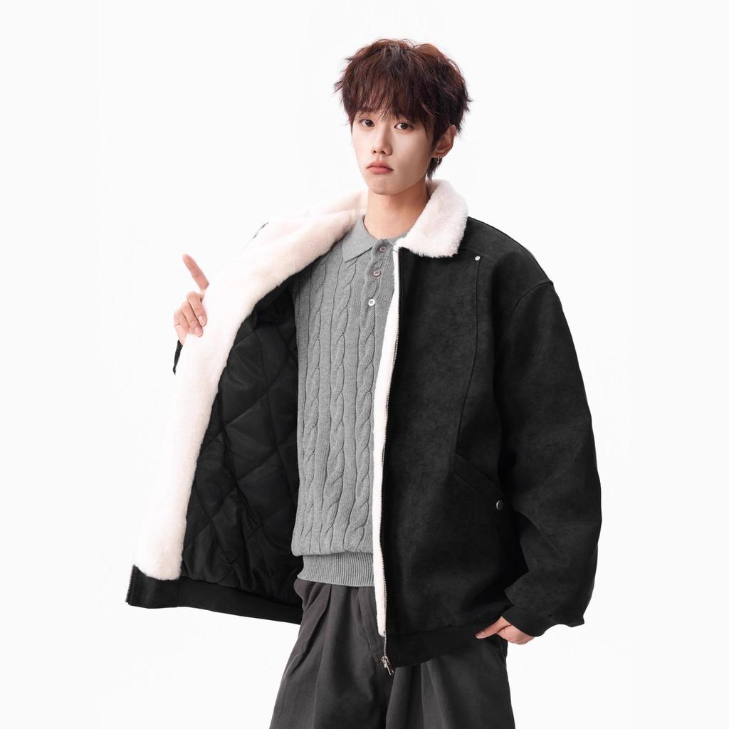 Men's Winter Barn Style Lambswool Cotton PU Leather Jacket, Thickened Warm Street Cool Workwear Coat