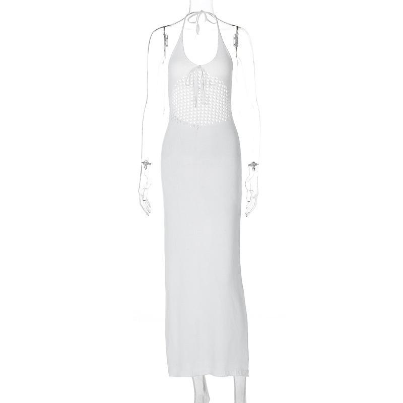 Black and White Lace-up Mesh Hollow Backless Knitted Dress Women's New Summer Style