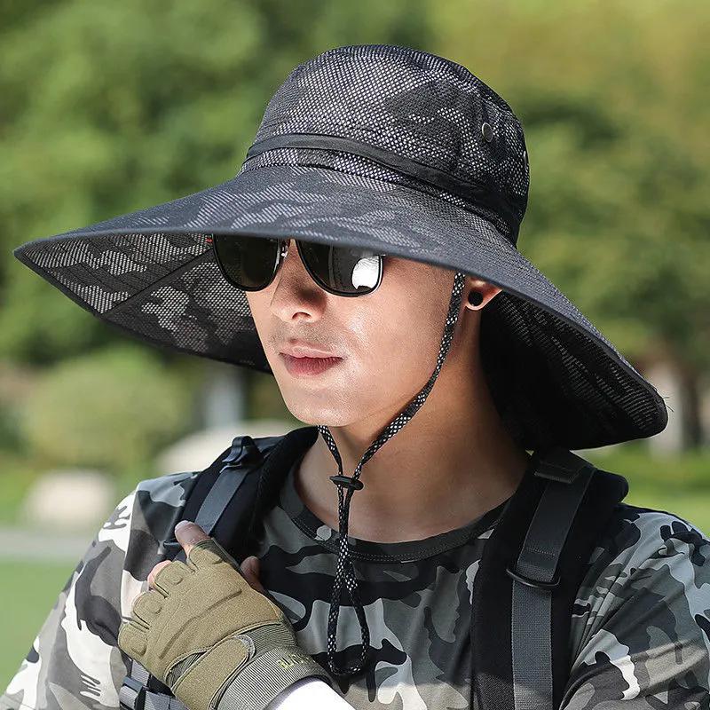 WTEMPO Printed Mesh Patchwork Sun Hats Sun Protection Outdoor Large Brim Sunscreen Hats Summer Men's Travel Hiking Hats