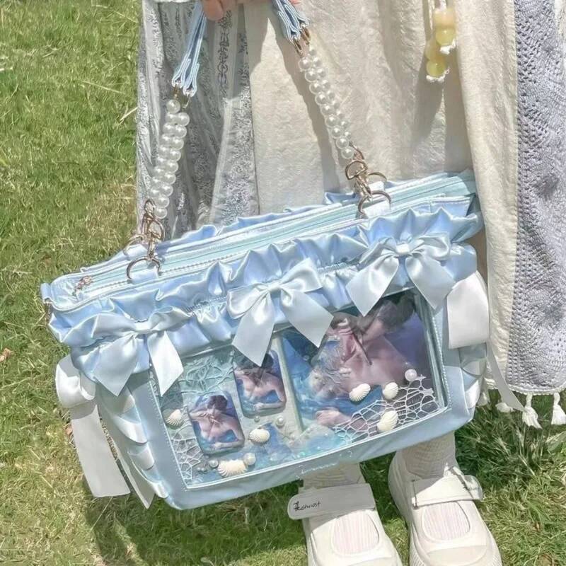 New Y2K Ribbon Bow Ita Crossbody Bag Sweet Girls Transparent Large Capacity Shoulder Bag DIY Display Handbag Lady Satin Tote Bag
