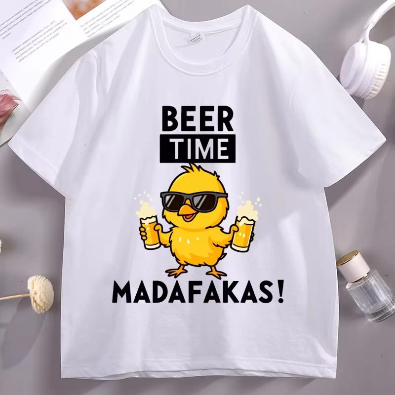 Beer Time Madafakas Tshirts Fun Chick Mascot Holding Two Beers TShirts Party Decor Tshirt Men Women Summer Drink Tee Shirts