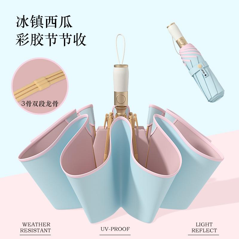 Fully automatic rounded corner anti-poke and anti-rebound section folding umbrella for women, folding sunshade umbrella with colored rubber,