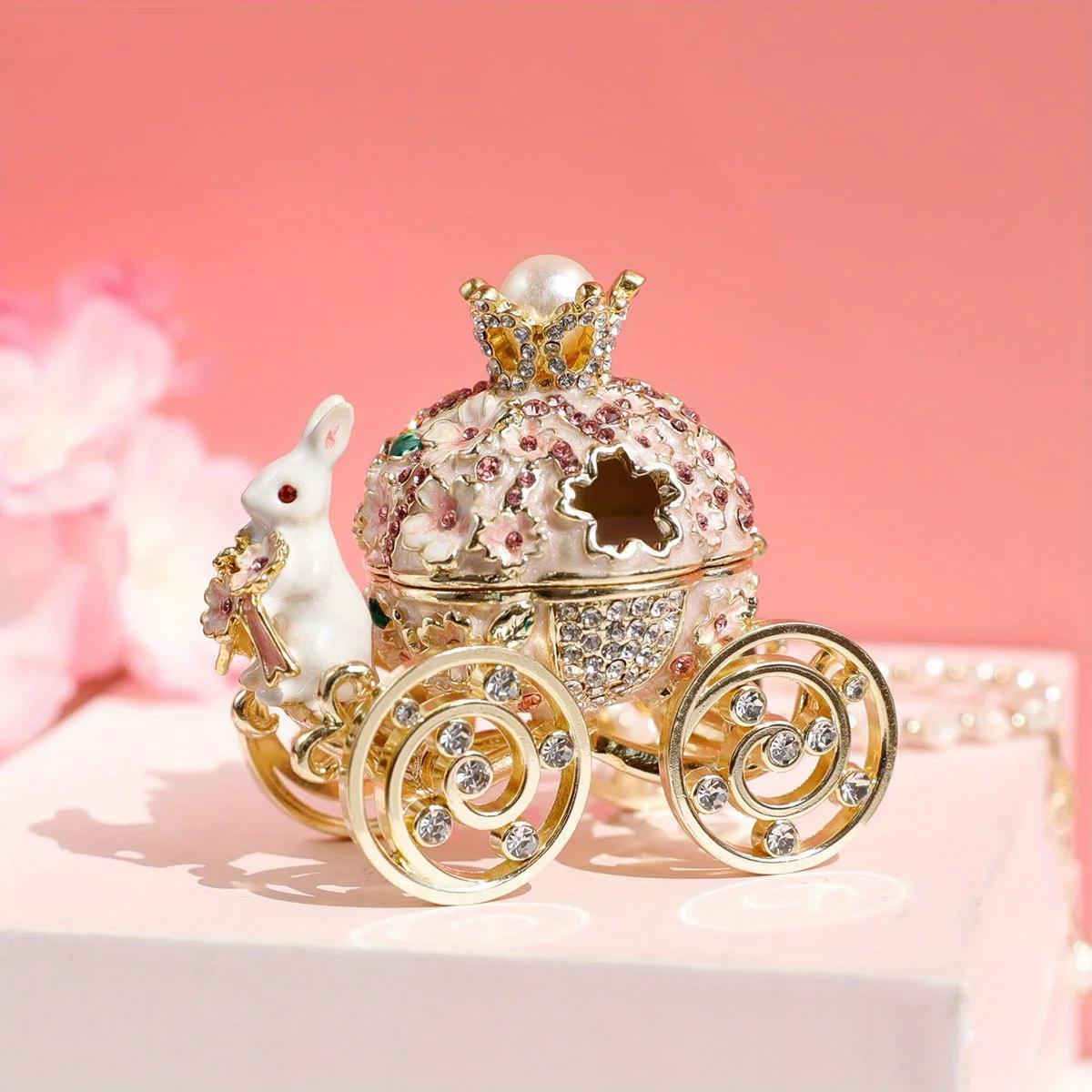 

1pc Pink Cherry Blossom Rabbit Carriage Jewelry Box Enamel Craft Alloy Box Small Gift Ornament рожевий