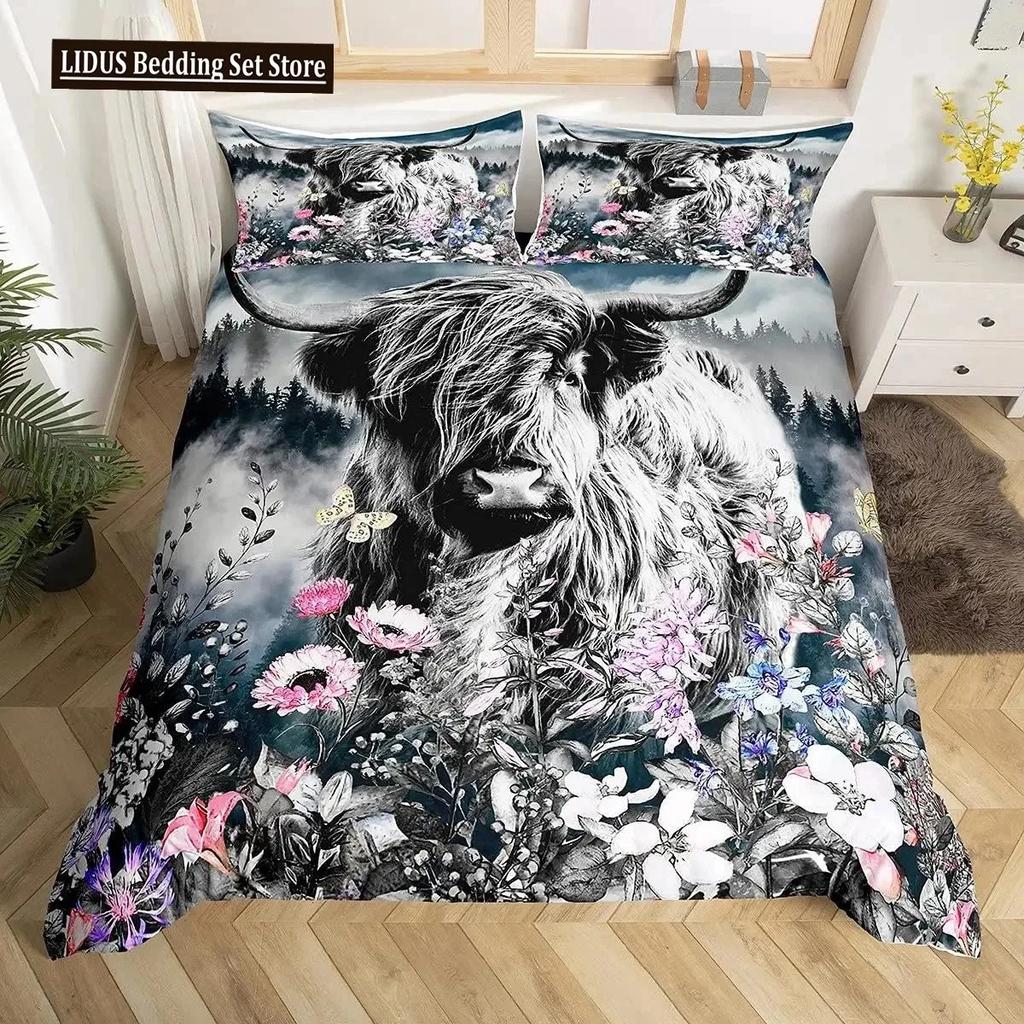 Highland Cattle Påslakanset Sött Blommigt Ko Dubbelt Sängklädesset Gul Solros Täcke Djur Polyester Quiltöverdrag