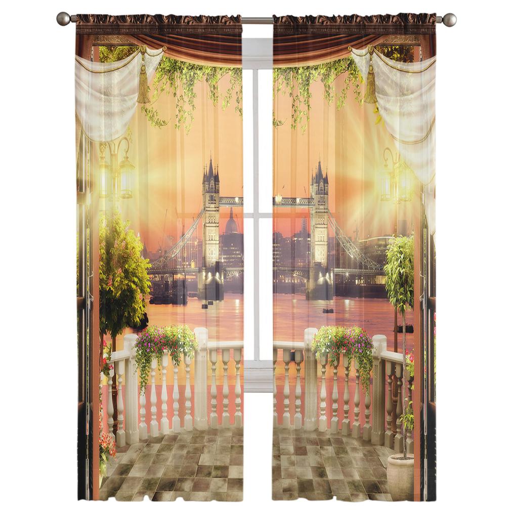 Hof Stadt Nacht Ansicht Tüll Vorhänge für Wohnzimmer Schlafzimmer Küche Dekor Transparent Chiffon Sheer Voile Fenster Vorhang
