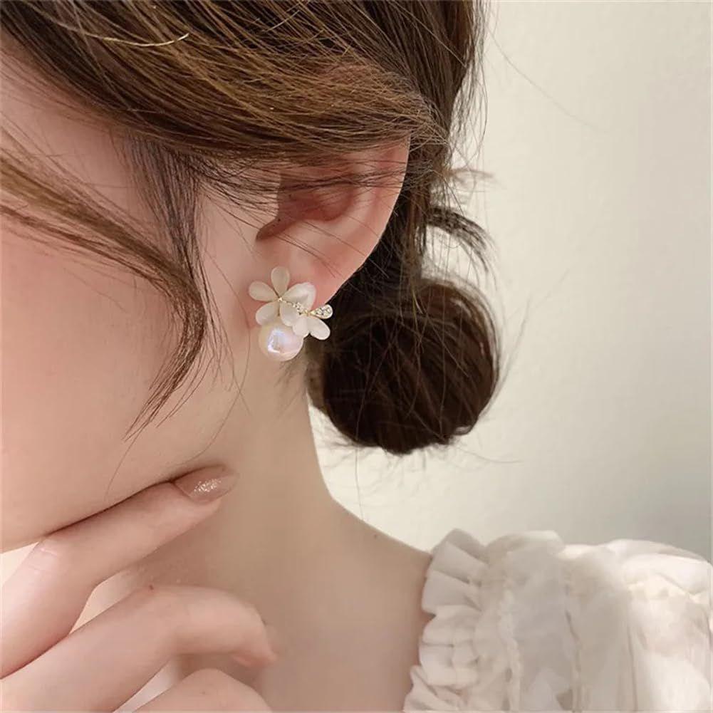 Latest Sweet Romantic Elegant White Flower Hoop Earrings | Stylish Shell Resin Delicate Pearl Flower Zircon Earrings | Trendy Versatile Jewellery