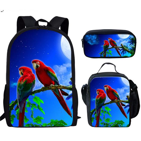 Classic Novelty Parrot Bird Pattern 3D Print 3pcs/Set School Bags Laptop Daypack Backpack Inclined Shoulder Bag Pencil Case