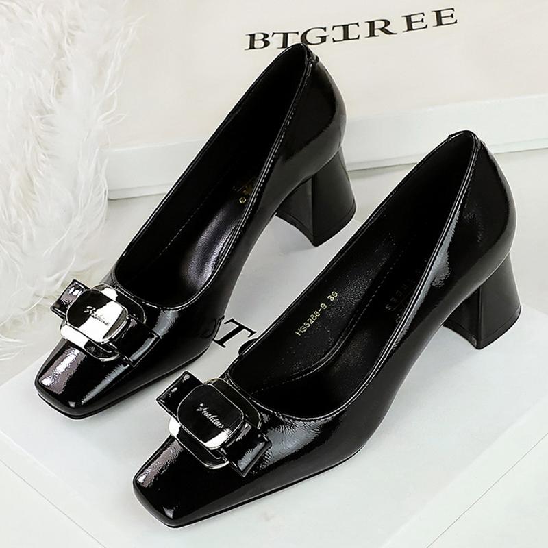 

BIGTREE Shoes Metal buckle Bowknot Women Pumps Square Heel Stripper Party Ladies Shoes Qccupation OL Thick Heel Lady Office Shoe 34