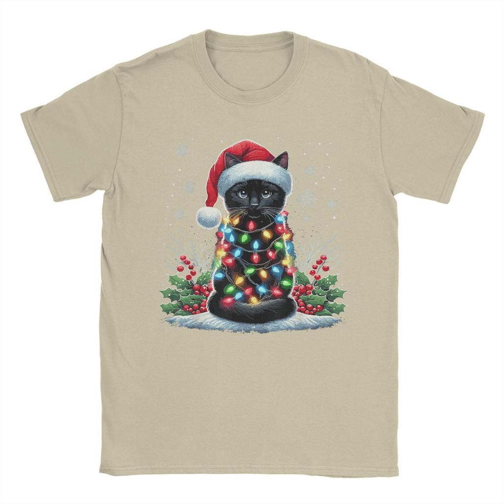 Black Cat Christmas Santa Hat Funny Meowy Cat T-Shirt Man Streetwear T-Shirts O Neck Tee Shirt Hot Sale Oversized Clothing