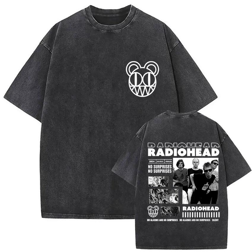 Vintage Washed Radiohead Tour  Print T Shirts Men Women Hip Hop Loose Pop British Rock Short Sleeve Tshirt Punk Streetwear