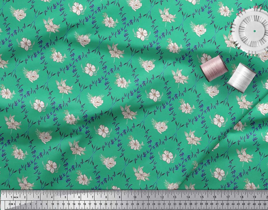 Soimoi Green Poly Crepe Fabric Azalea & Peony Damask Print Fabric by metre 42 Inch