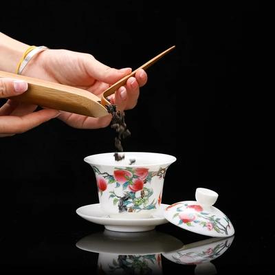 Tea Gaiwan Tea Cup White Jade Ceramic Teacup Peach Pattern Bowl Shaped Tureen Chinese Kung Fu Teaware Gift Drinkware