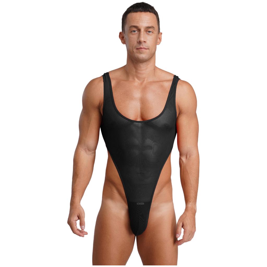 Herren Durchsichtiges Netz Ärmellos Offener Rücken Beutel Hoher Beinausschnitt Einteiler Bodysuit Jumpsuit