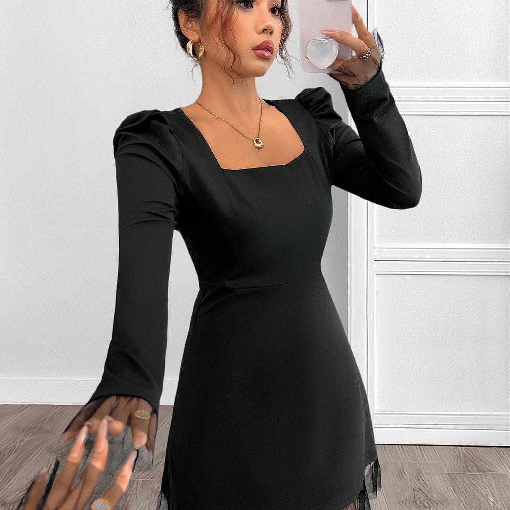 Spring And Summer Square Neck Bubble Sleeve Mesh Women'S Long Sleeved Dress S-XL