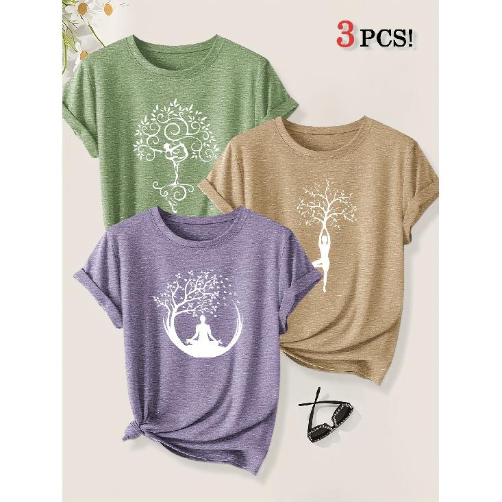 2026 3 Pack Harmony Between Man And Nature Yoga Print Women Short Sleeve T Shirts Casual Sports Holiday Tops Summer Autumn Tees