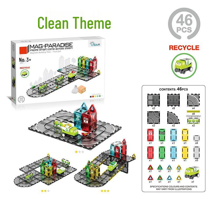 Magnetic Building Blocks & Electric Track Car City Set: Stained Glass Educational Toy for Kids