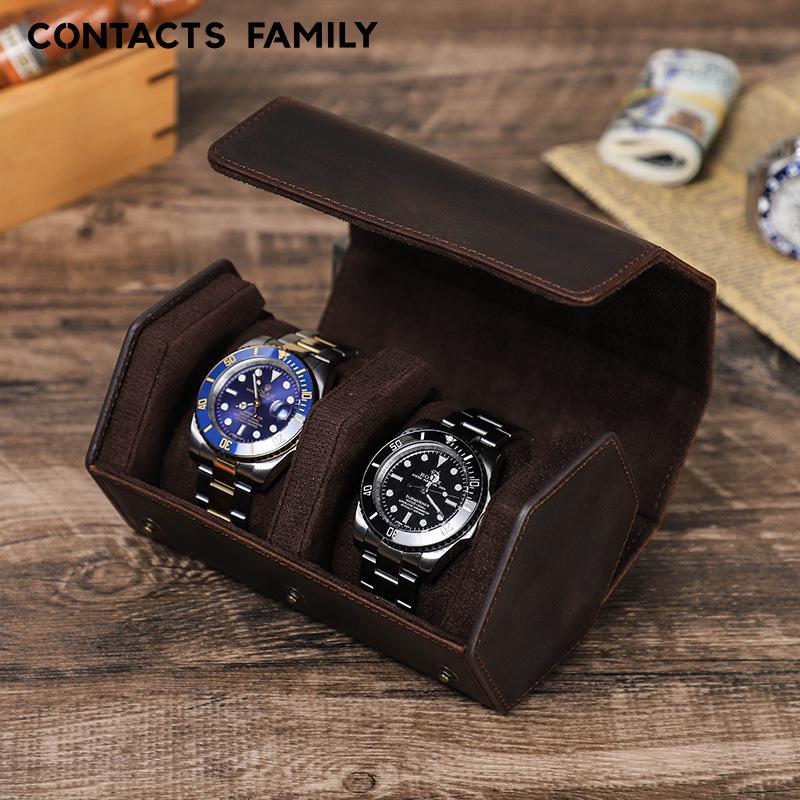 Vintage Crazy Horse Leather Cowhide Wristwatch Storage Box - Portable Genuine Leather Travel Case for Couples