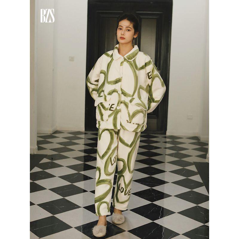 

24-Year Winter New Arrival Fleece-lined Thickened Milk Fiber Cashmere Multi-Color Print Pajamas Can Be Outerwear Homewear Suit Green mood L [recommend 60.00 kg-67.50 kg]]