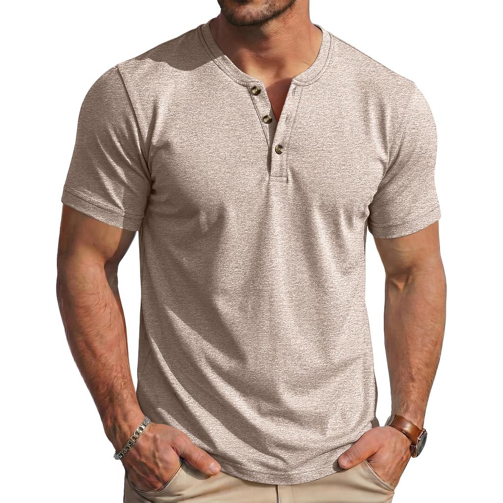 Men's Summer Casual Slim Fit Muscle Texture Henley Short Sleeve T Shirt Lightweight Breathable Vintage Style Tee