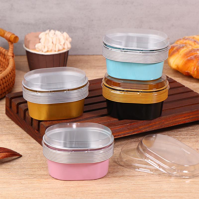 10Pcs Aluminum Foil Cupcake Cups With Lids Non-Stick Foil Baking Cups 68Ml Oval Pudding Dessert Cups Wedding Party Supplies