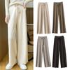 Women Long Pants Elastic High Waist Wide-Leg Knitted Pants with Pockets Solid Color Autumn Winter Warm Trousers