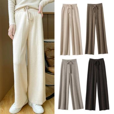 Damen Lange Hosen Elastischer Hoher Bund Weitbeinige Strickhosen mit Taschen Einfarbig Herbst Winter Warme Hosen