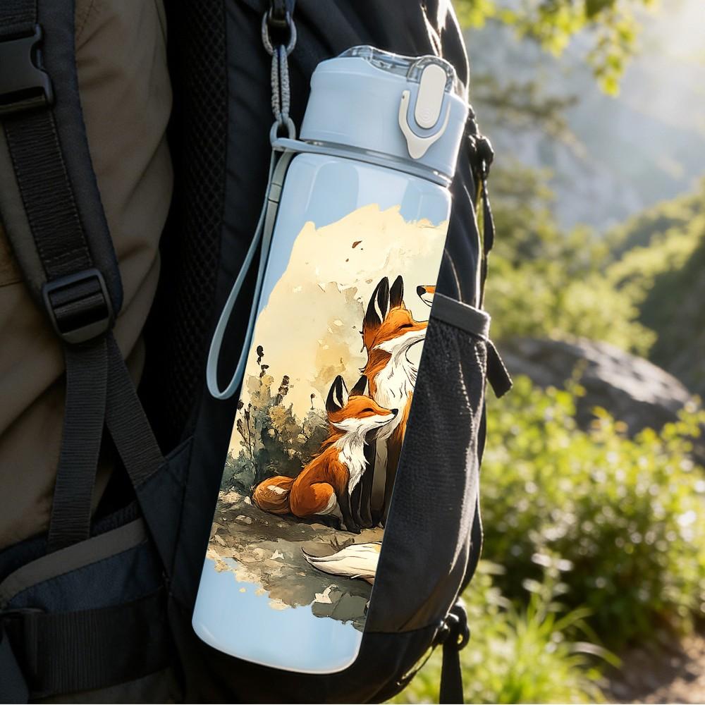 1 Stück Fuchswild Herbstwald Szene Druck 750ml Farbe Kunststoff Sport Wasserflasche Auslaufsicher Klappdeckel mit Strohhalm Geeignet für Sport Büro Heimgebrauch