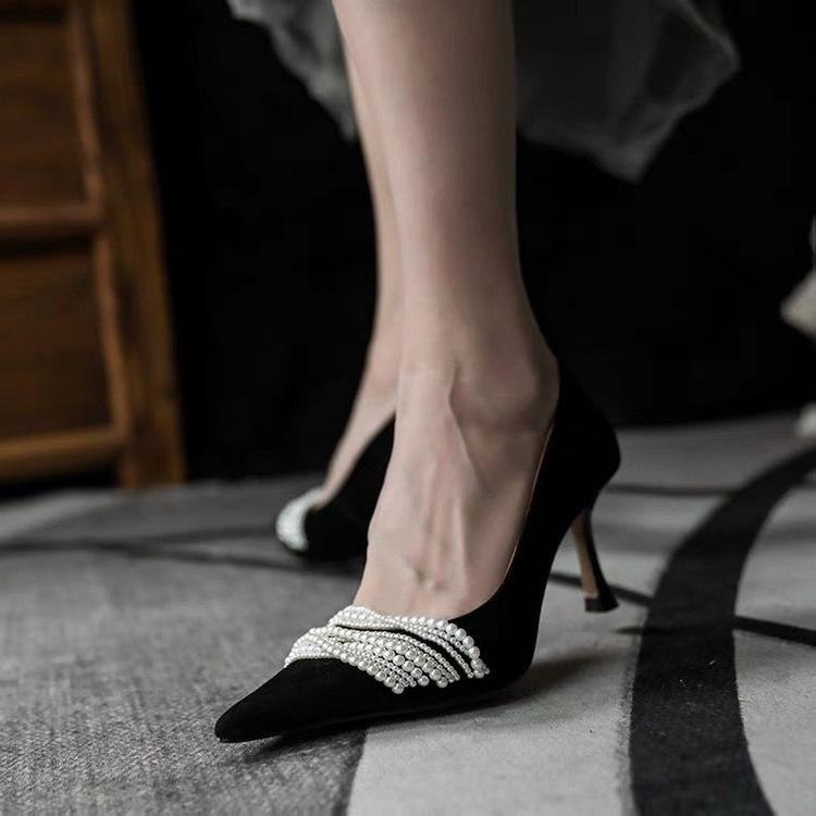 White bridal shoes French niche fine heel single shoes main yarn show two wear wedding shoes women's high heels are not tired