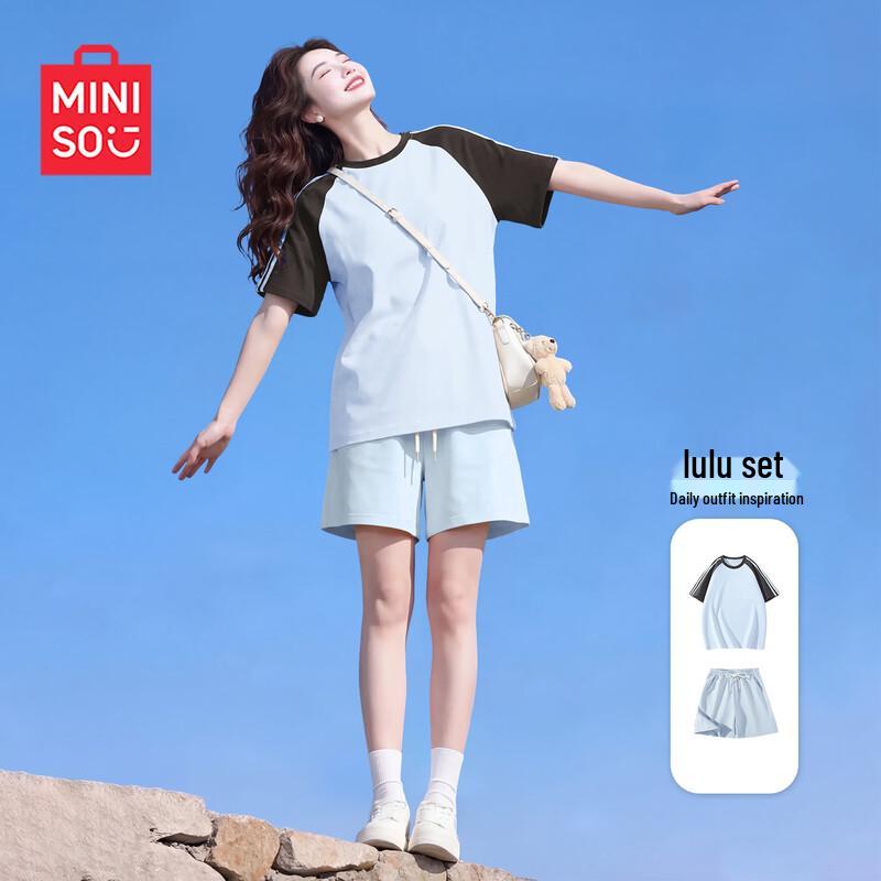 

MINISO Women s Casual 100% Cotton Short Sleeve & Shorts Set L
