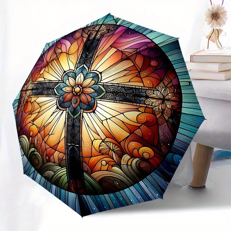 Stained Window Art: Vibrant Circular Design for Home DecorUmbrella, Portable 3-Fold Compact Umbrella for Men & Women Gift