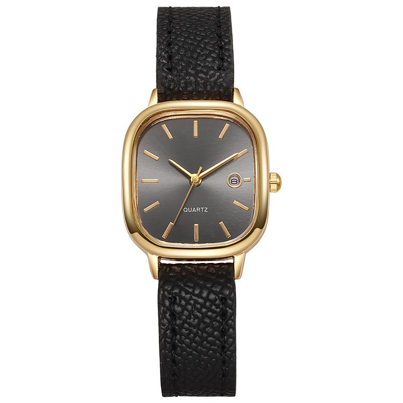 Ladies' small square dial luxury quartz watch, retro gold case with leather strap, simple daily wear