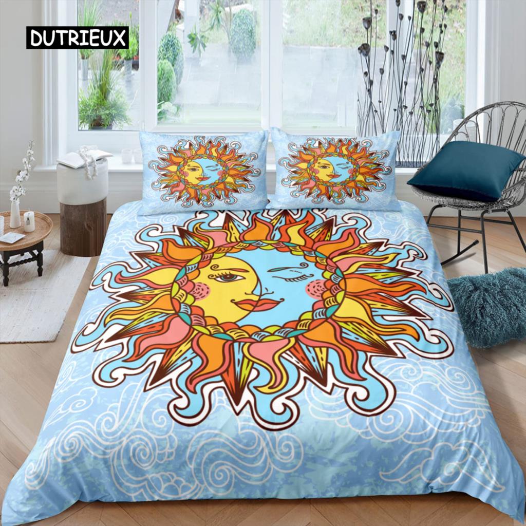 Sun Moon Duvet Cover Set Queen Microfiber Bohemian Black and White Print Yin Yang Comforter Cover Galaxy Star Twin Bedding Set