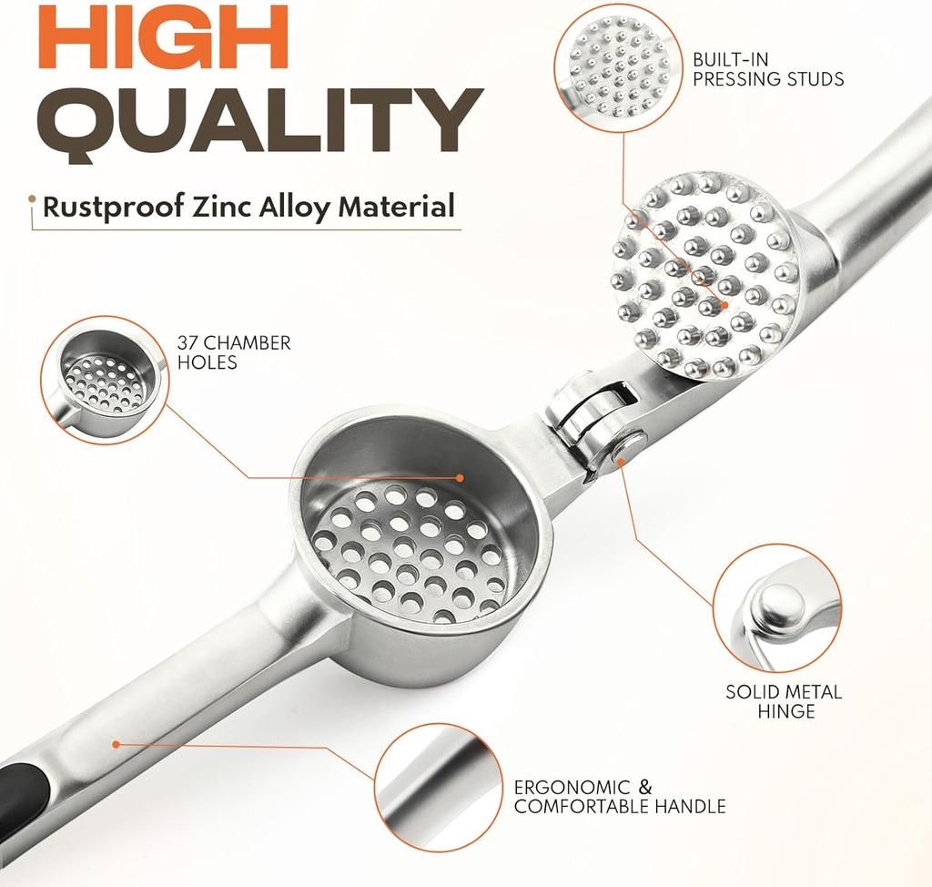 Kitchen Garlic Press Stainless Steel, Premium Rust Proof Dishwasher Safe Garlic Mincer, Durable Garlic Crusher Set with Peeler Brush, Easy To Clean