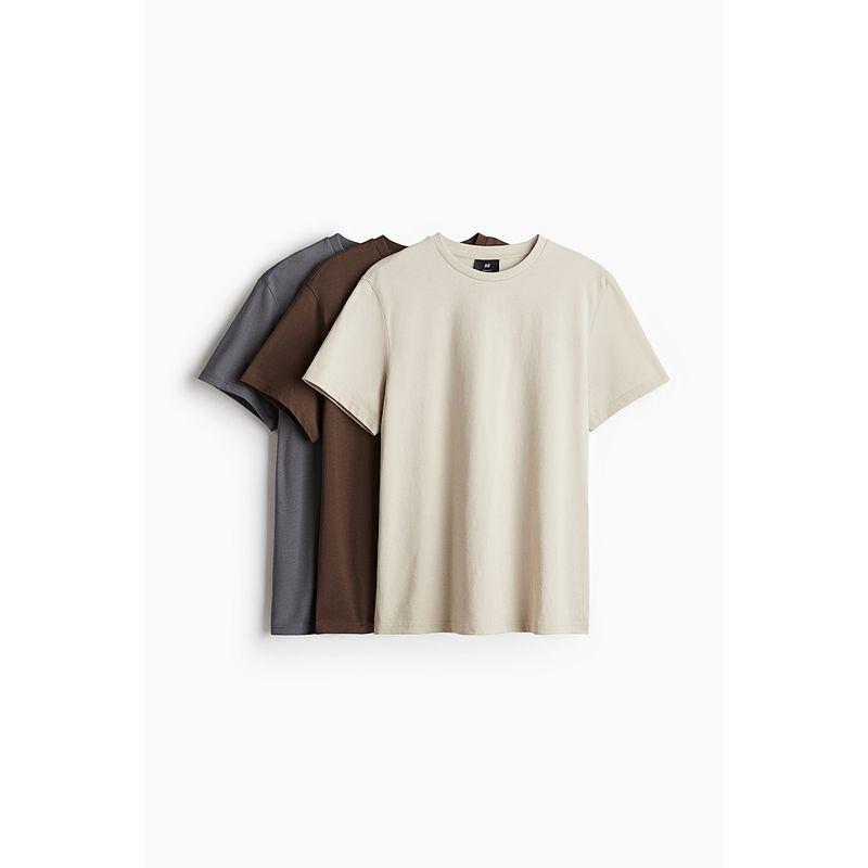 

HM Men s and Women s T-shirt 3 Pieces 2025 Summer New Arrival Pure Cotton Lightweight Couple round Neck Short Sleeve Tops 0945531 Beige/Brown/Grey 165/84