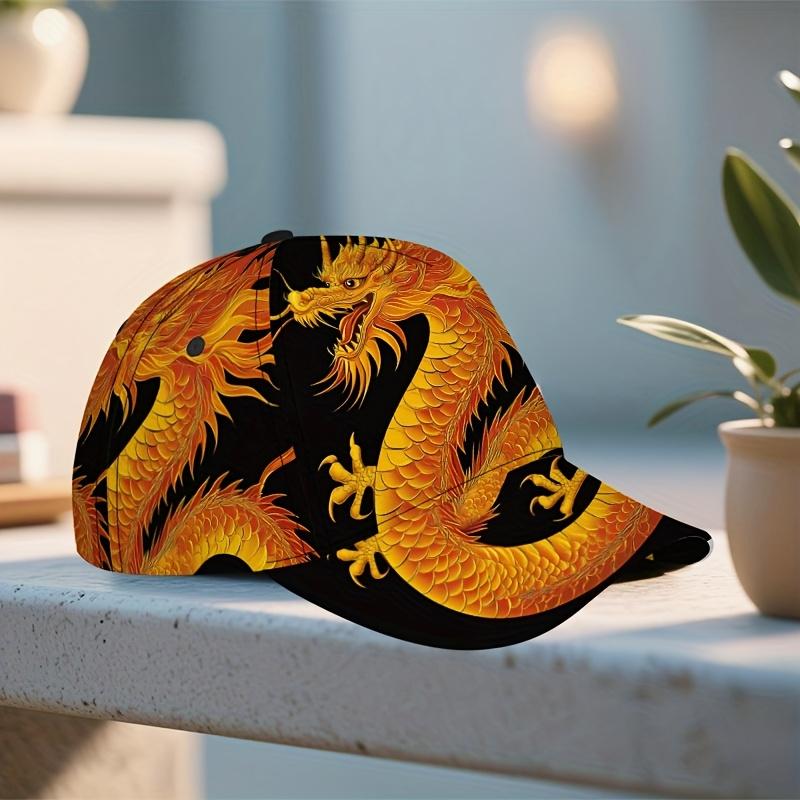 Golden Chinese Dragon Print Baseball Cap Lightweight Duckbill Hat with Adjustable Snap Closure Golden Dragon Design Fitted Hat