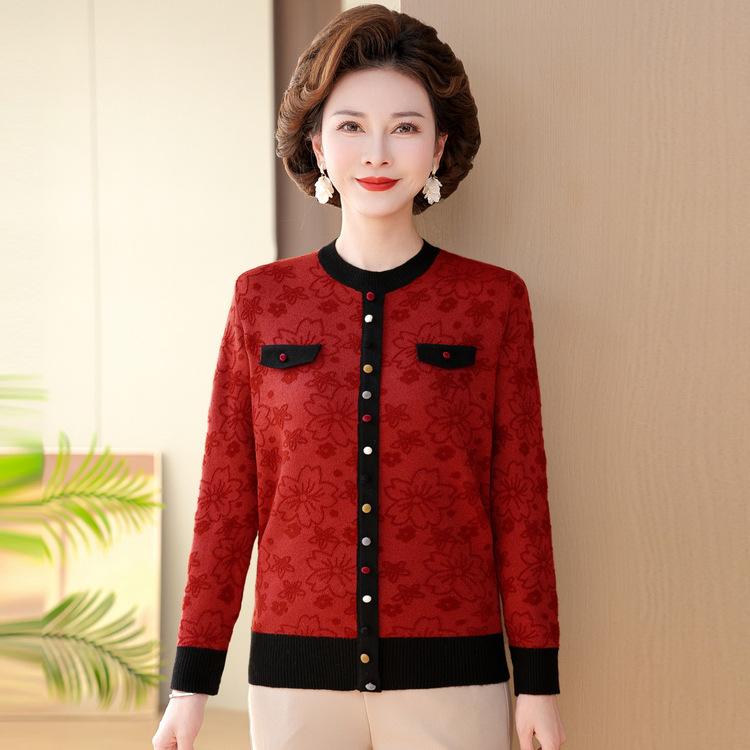 Young Mother Spring Clothes, Small Fragrance Style Top for Women In Autumn, New Style, Knitted Base Shirt, Middle-aged and Elderly Sweater