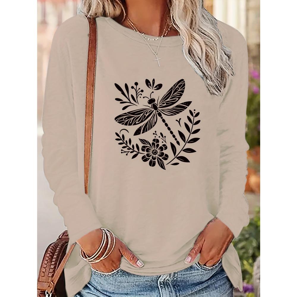 Women's black and white dragonfly long sleeved shirt, Spring and Autumn women's T-shirt