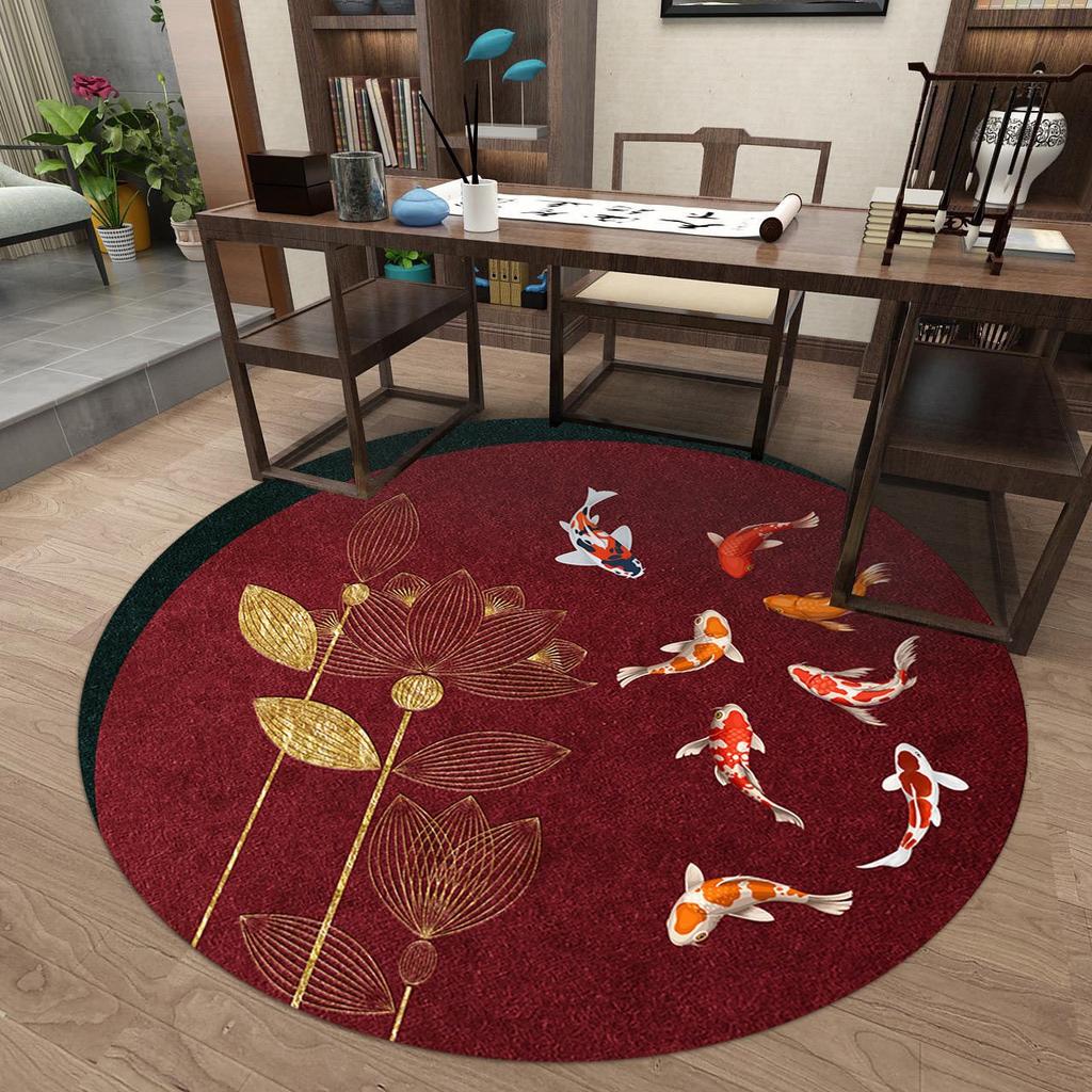 Round Chinese Style Pattern Carpet With Floral Bird Ginkgo Leaf Koi Fish Bamboo Soft NonSlip Rug For Living Room Study Bedroom