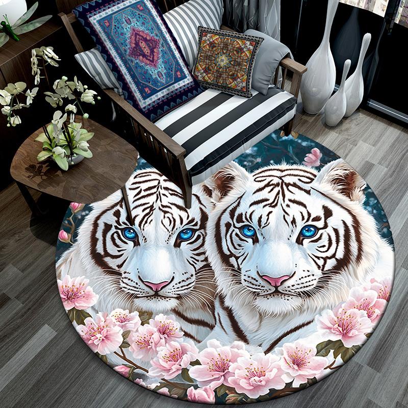 White Tiger Round Area Rug,Carpet Rug for Living Room Bedroom Sofa Playroom Decor,Non-slip Floor Mat