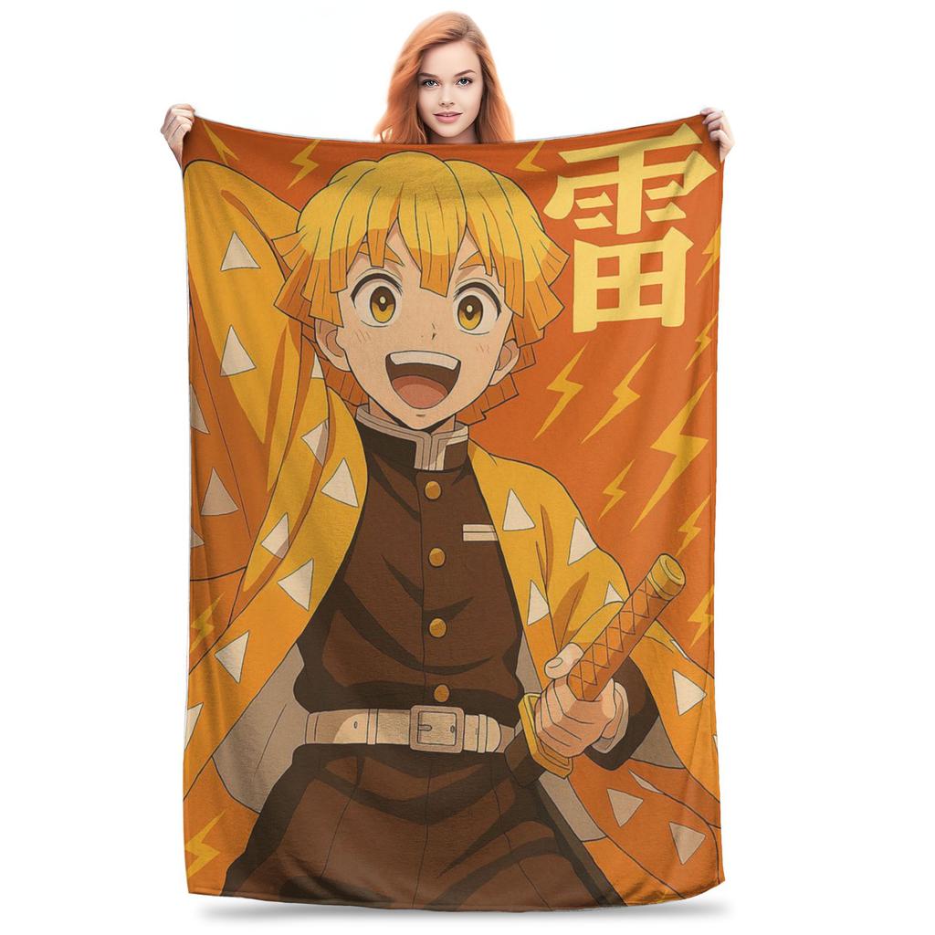 Flannel Throw Blanket Demon Slayer Kimetsu No Yaiba Japanese Agatsuma Zenitsu Anime Blankets Soft Bedspread for Bed Home Travel