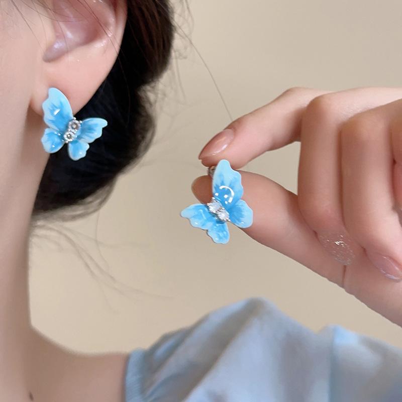 Dripping oil blue flower earrings high sense temperament versatile new stud earrings fashion Internet celebrity niche earrings women